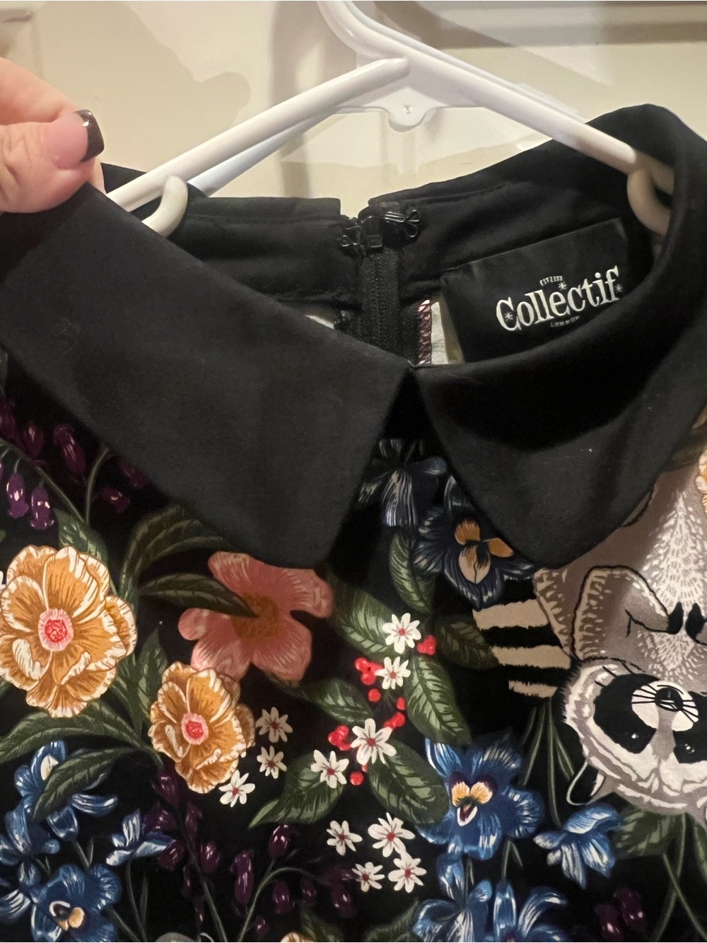 Collectif Black Raccoon/Floral Fit-and-Flare Dress - Picture 2 of 5